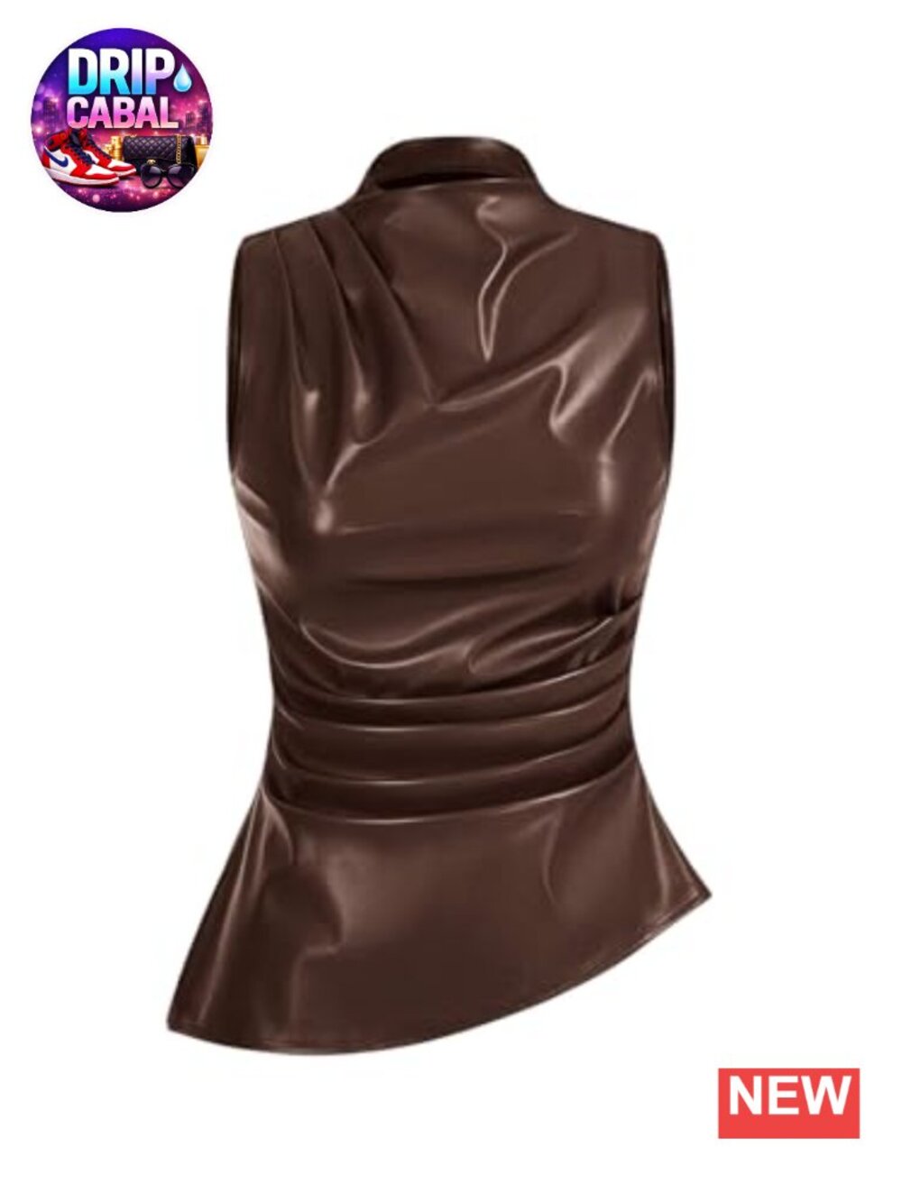Faux Leather Mock Neck Sleeveless Pleated Tank Top